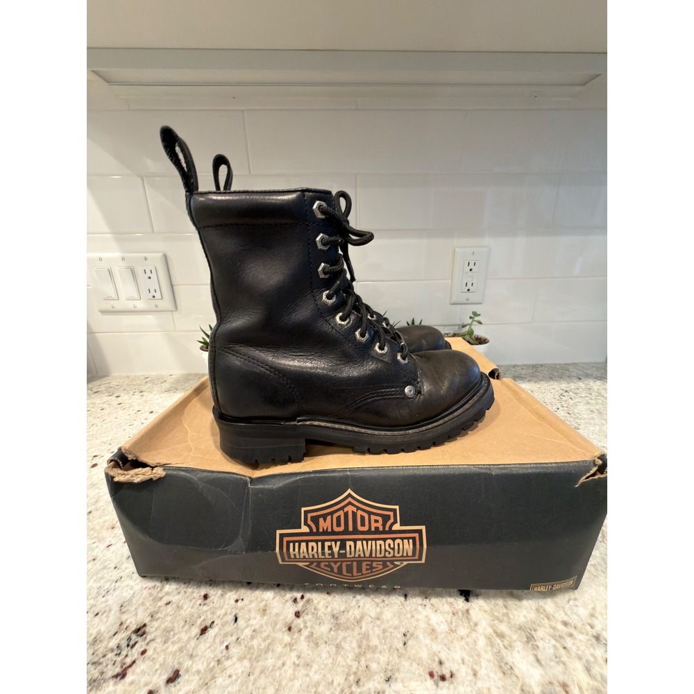 Harley-Davidson Size 7 Black Leather Moto Combat Boots Side Zip Lug‎ Sole
